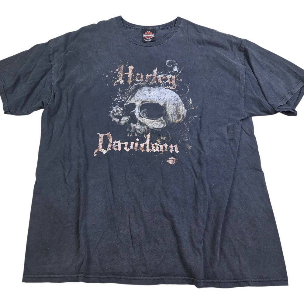 VTG Y2K Harley Davidson Shirt XL Black Motorcycles Skulls Faded Wisconsin